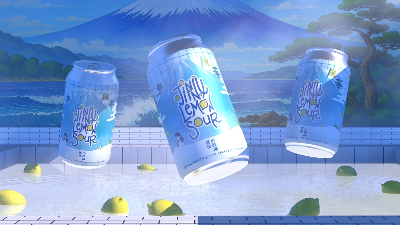 Jinny Lemon Sour cans with the Yu-asobi label float over a bath of lemons before a Mount Fuji mural