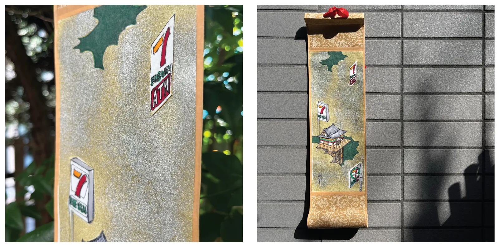 Two views of a Pavel Sipkin mini-scroll: a temple and 7-Eleven signs painted on shimmering gold paper